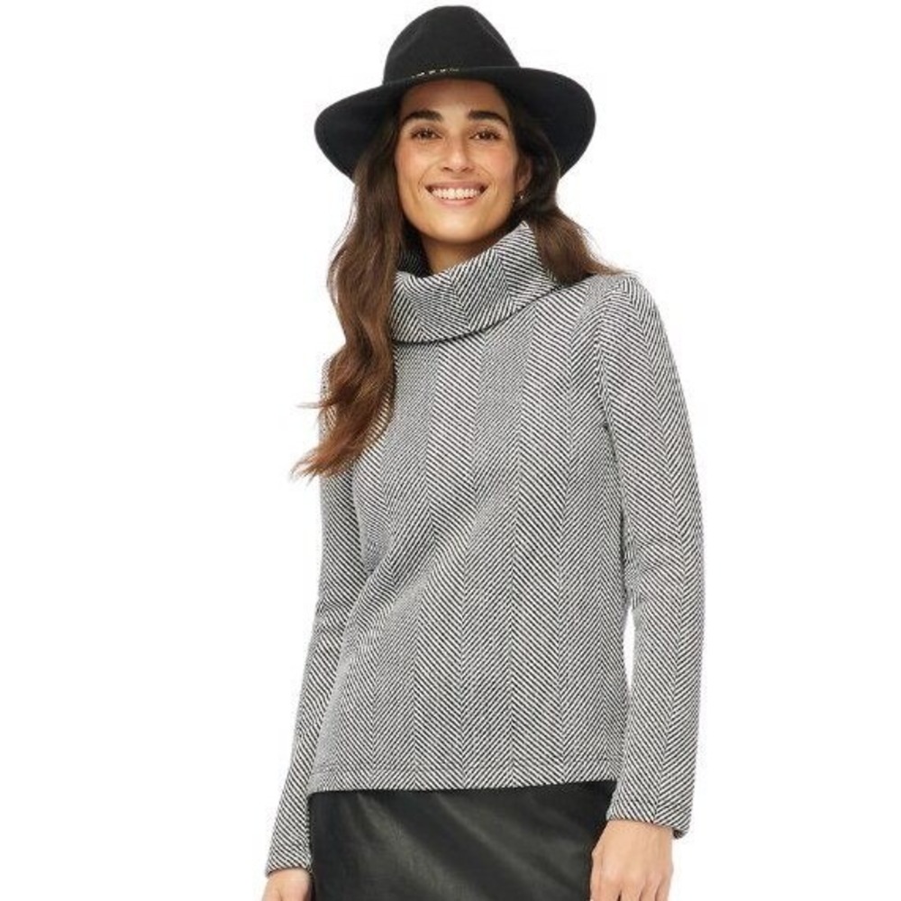 J. Crew Womens XS Herringbone Cowl Neck Turtleneck Sweater Black White Knit